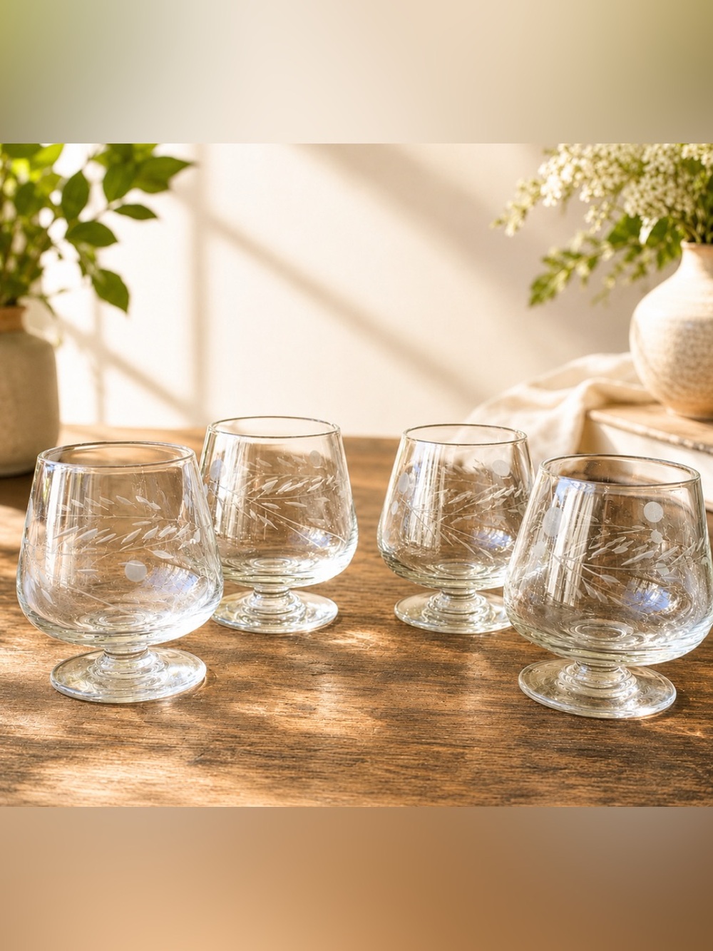 Vintage Set of Etched Miniature Brandy Cognac Snifters - Wheat Motif - Cordials
